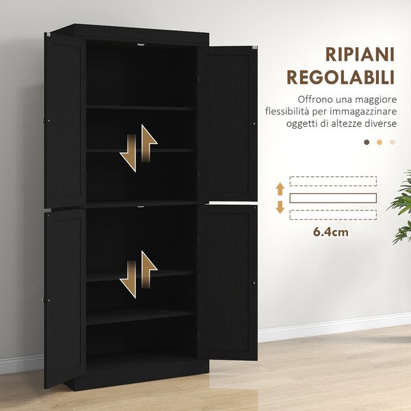 HOMCOM Mobile Cucina Alto con 6 Ripiani Regolabili e 4 Ante in Legno, 76x40.5x184 cm, Nero | Aosom Italy