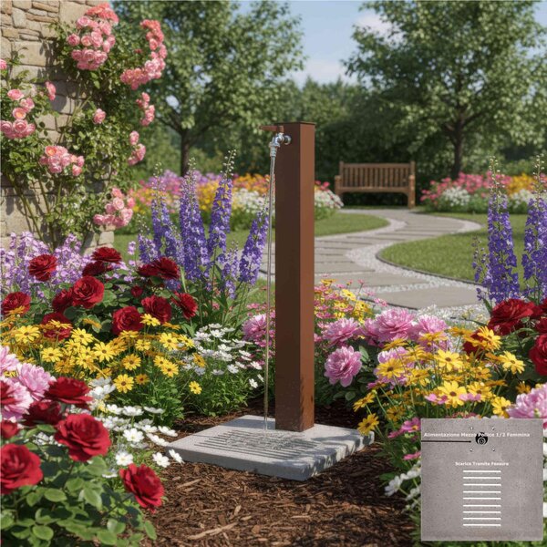 Fontana da Giardino con Rubinetto e Base in Cemento Dimensioni 40x40xh 89 cm con tubo rubinetto, flessibile e Gomito resistente al gelo Colore Ruggine