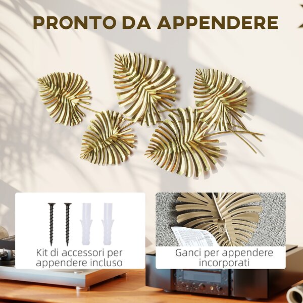 HOMCOM Wall Art a 5 Foglie di Monstera in Metallo Dorato con Accessori per Montaggio Inclusi, 83x2.5x39 cm | Aosom Italy