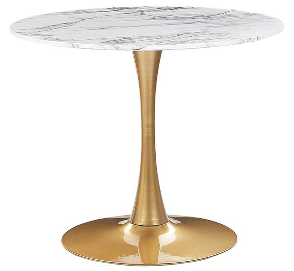 Tavolo da Pranzo Tondo 90 cm effetto marmo bianco Base in Metallo dorato per Cucina 4 Posti Beliani