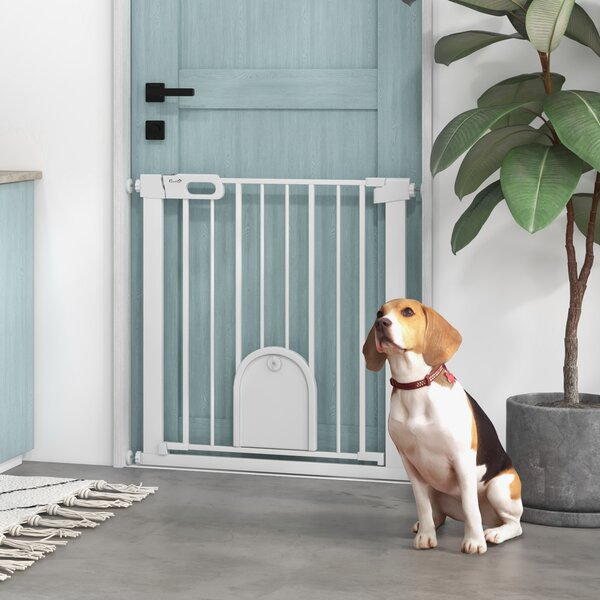 PawHut Cancello divisorio per animali domestici, regolabile, con piccola porticina, metallo, plastica, bianco | Aosom Italy