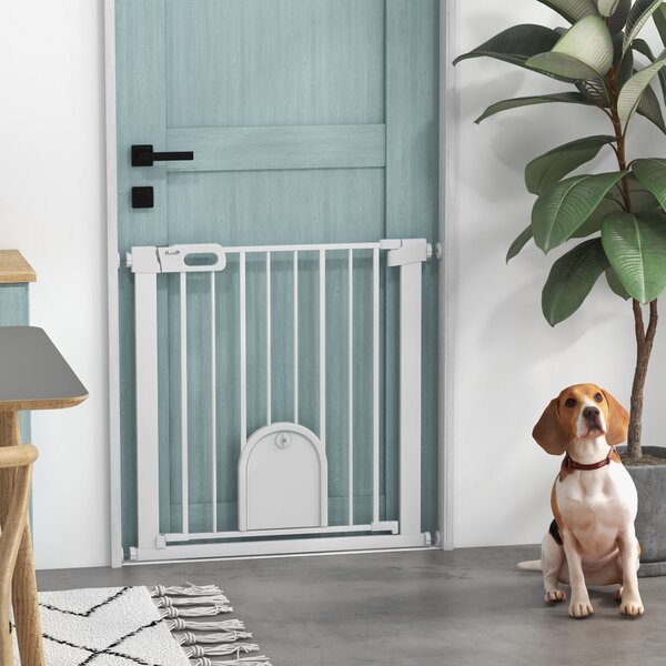 PawHut Cancello divisorio per animali domestici, regolabile, con piccola porticina, metallo, plastica, bianco | Aosom Italy