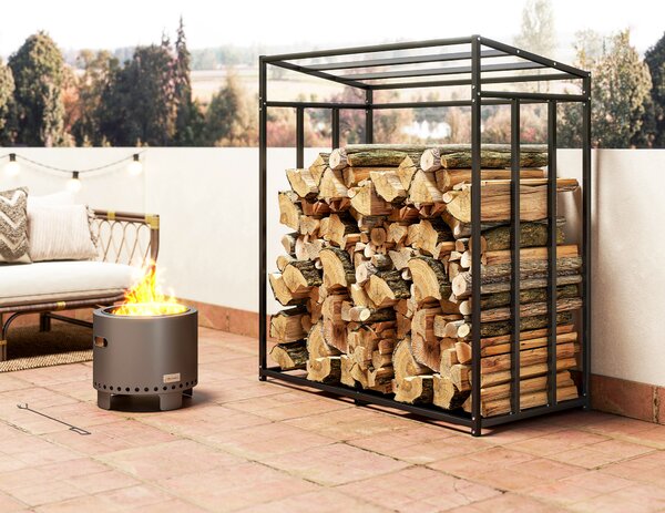 Outsunny Scaffale per legna, in acciaio, con copertura in tessuto, portata 300 kg, 140 x 70 x 154 cm, Nero | Aosom Italy