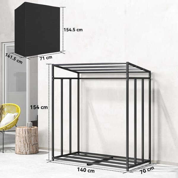 Outsunny Scaffale per legna, in acciaio, con copertura in tessuto, portata 300 kg, 140 x 70 x 154 cm, Nero | Aosom Italy