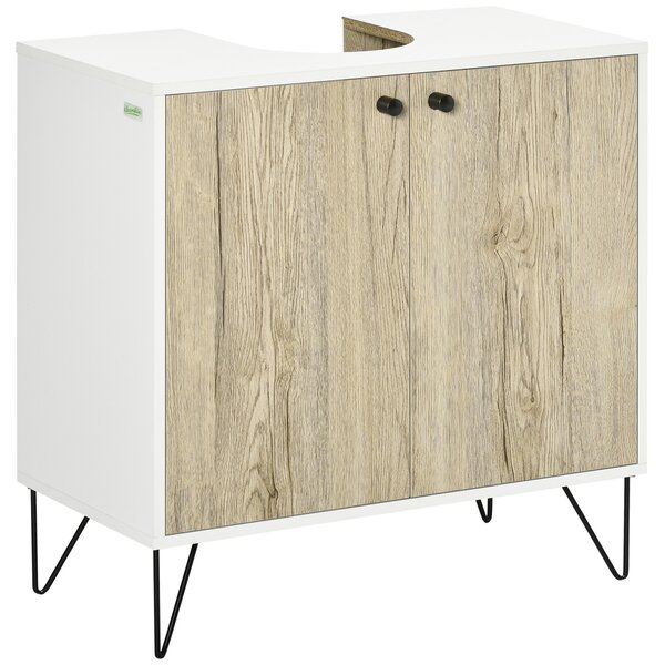 Kleankin Mobile sottolavabo, con 2 ante, piedi in acciaio, 60 x 30 x 60 cm, Bianco e legno naturale | Aosom Italy
