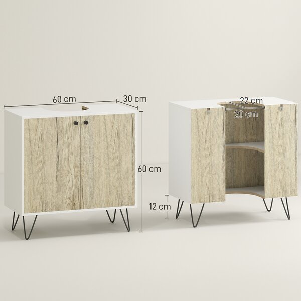 Kleankin Mobile sottolavabo, con 2 ante, piedi in acciaio, 60 x 30 x 60 cm, Bianco e legno naturale | Aosom Italy