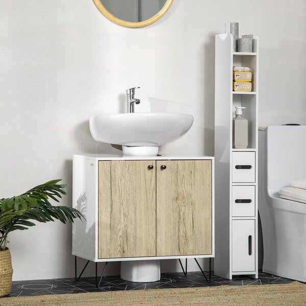 Kleankin Mobile sottolavabo, con 2 ante, piedi in acciaio, 60 x 30 x 60 cm, Bianco e legno naturale | Aosom Italy
