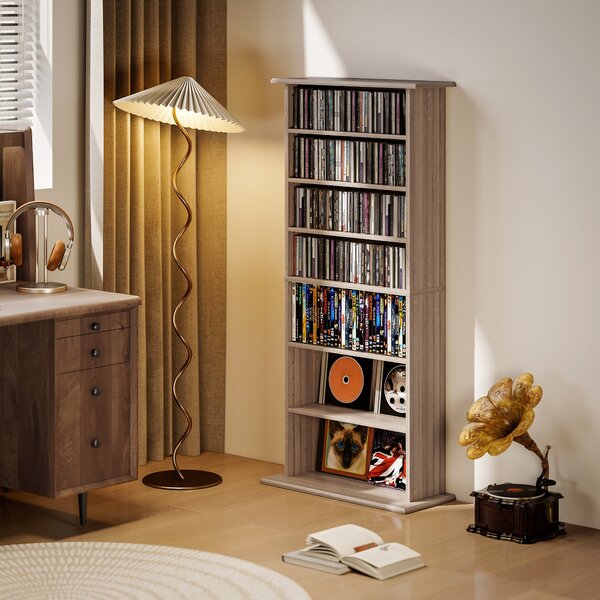 HOMCOM Scaffale per CD e DVD Stretto con 8 Scomparti Ripiani Regolabili 58x24x126,3 cm Legno Naturale | Aosom Italy