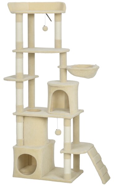 PawHut Albero tiragraffi per gatti alto 170 cm con 7 pali 1 tunnel 3 piattaforme 2 tane 1 amaca, Beige | Aosom Italy