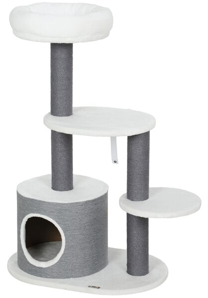 PawHut Tiragraffi con cuccia per gatti, letto, 2 piattaforme, pali avvolti in corda di juta, Bianco e Grigio | Aosom Italy