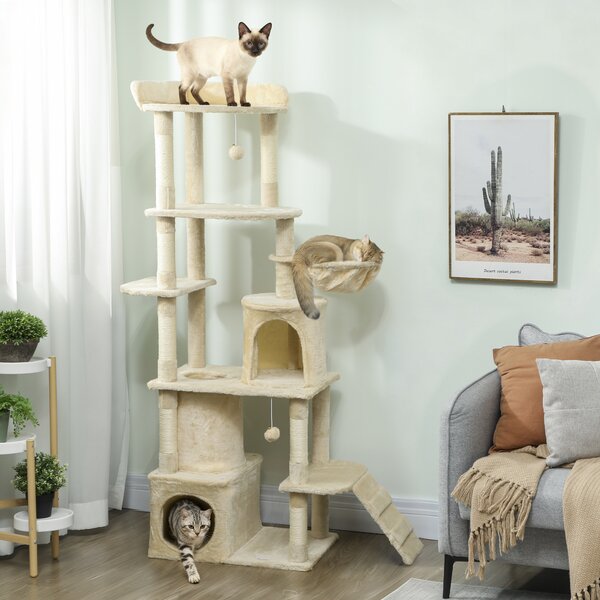 PawHut Albero tiragraffi per gatti alto 170 cm con 7 pali 1 tunnel 3 piattaforme 2 tane 1 amaca, Beige | Aosom Italy