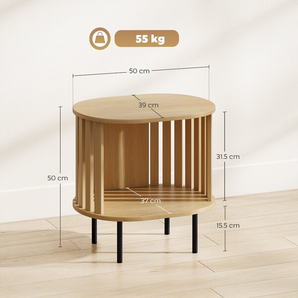 HOMCOM Tavolino da salotto ovale con vano aperto, gambe in acciaio, design a doghe 50x39x50cm Legno naturale | Aosom Italy