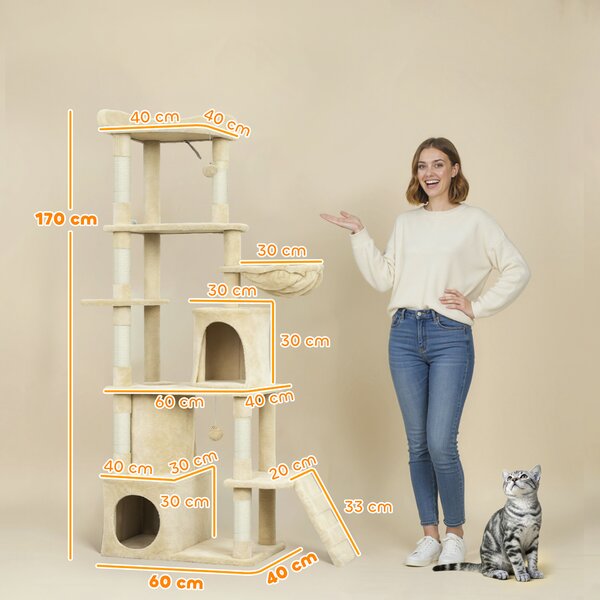 PawHut Albero tiragraffi per gatti alto 170 cm con 7 pali 1 tunnel 3 piattaforme 2 tane 1 amaca, Beige | Aosom Italy