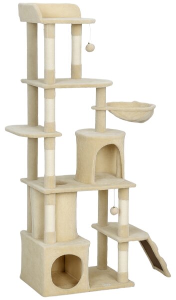 PawHut Albero tiragraffi per gatti alto 170 cm con 7 pali 1 tunnel 3 piattaforme 2 tane 1 amaca, Beige | Aosom Italy