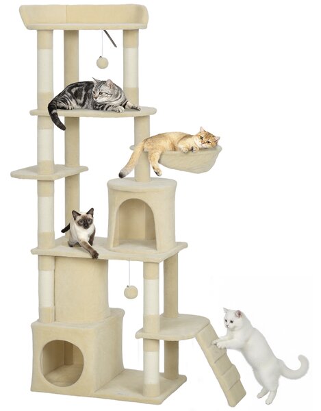 PawHut Albero tiragraffi per gatti alto 170 cm con 7 pali 1 tunnel 3 piattaforme 2 tane 1 amaca, Beige | Aosom Italy