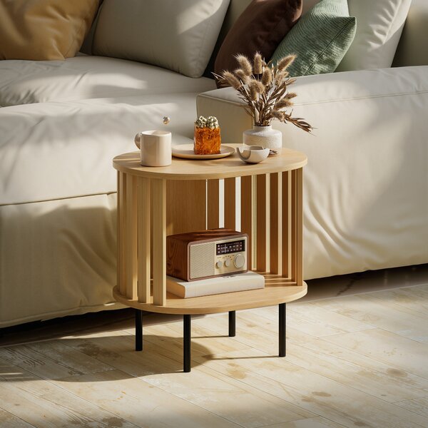 HOMCOM Tavolino da salotto ovale con vano aperto, gambe in acciaio, design a doghe 50x39x50cm Legno naturale | Aosom Italy