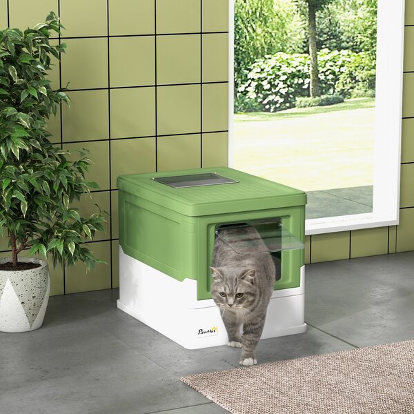 PawHut Lettiera per Gatti Chiusa con Paletta, Vassoio Estraibile e 2 Porte, 47.5x35.5x36.7cm, Verde Chiaro | Aosom Italy