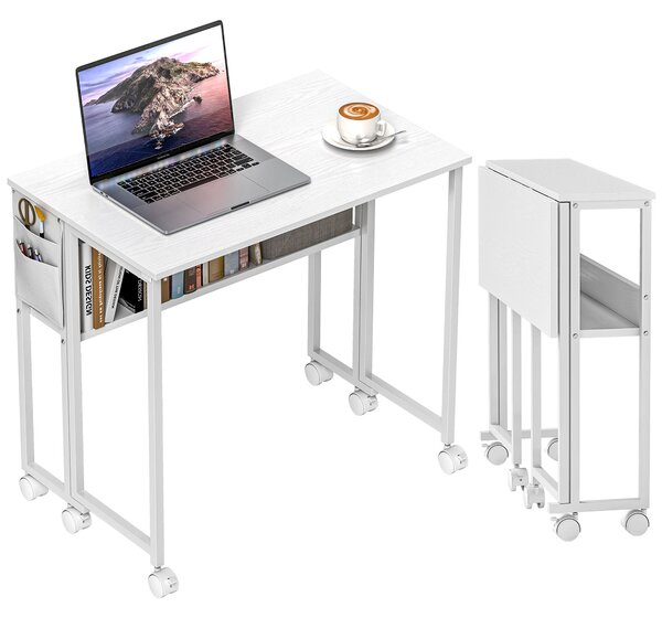 HOMCOM Scrivania Pieghevole Salvaspazio a Ribalta con Scaffale, Tasca Portaoggetti e Ruote, Bianco | Aosom Italy