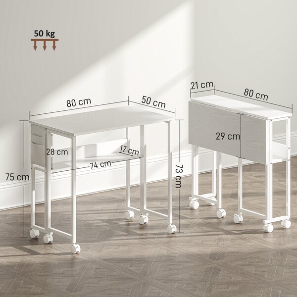 HOMCOM Scrivania Pieghevole Salvaspazio a Ribalta con Scaffale, Tasca Portaoggetti e Ruote, Bianco | Aosom Italy