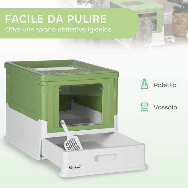 PawHut Lettiera per Gatti Chiusa con Paletta, Vassoio Estraibile e 2 Porte, 47.5x35.5x36.7cm, Verde Chiaro | Aosom Italy