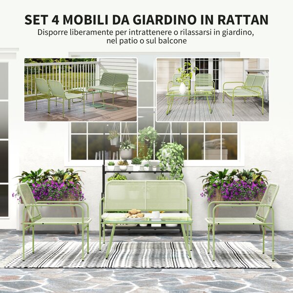 Outsunny Salotto da Esterno in Rattan PE con Divanetto, 2 Poltroncine e Tavolino con Piano in Vetro, Verde | Aosom Italy