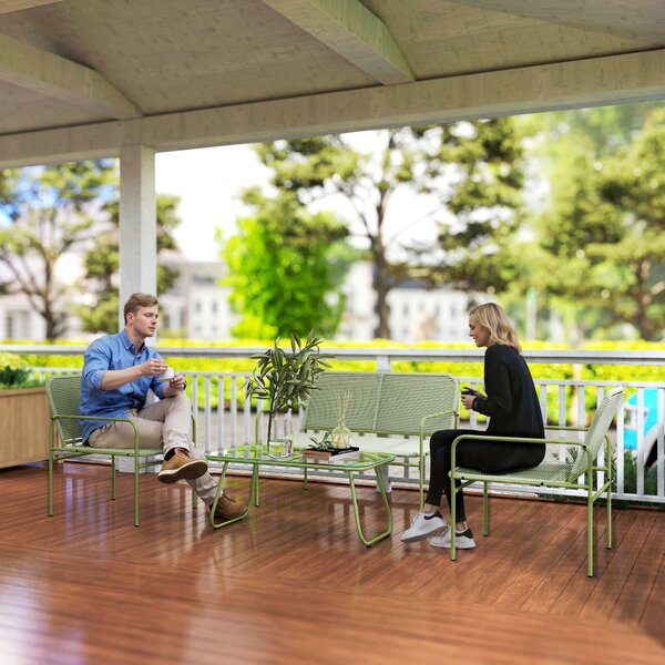 Outsunny Salotto da Esterno in Rattan PE con Divanetto, 2 Poltroncine e Tavolino con Piano in Vetro, Verde | Aosom Italy