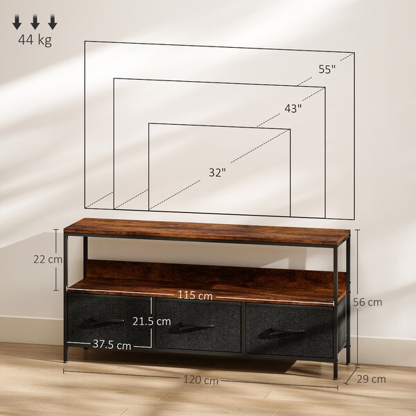 HOMCOM Mobile TV, mobile per televisore fino a 140 cm con 3 cassetti e piedini in acciaio 120 x 29 x 56 cm marrone rustico | Aosom Italy