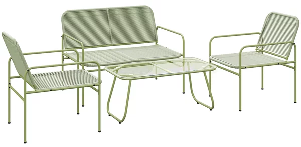 Outsunny Salotto da Esterno in Rattan PE con Divanetto, 2 Poltroncine e Tavolino con Piano in Vetro, Verde | Aosom Italy