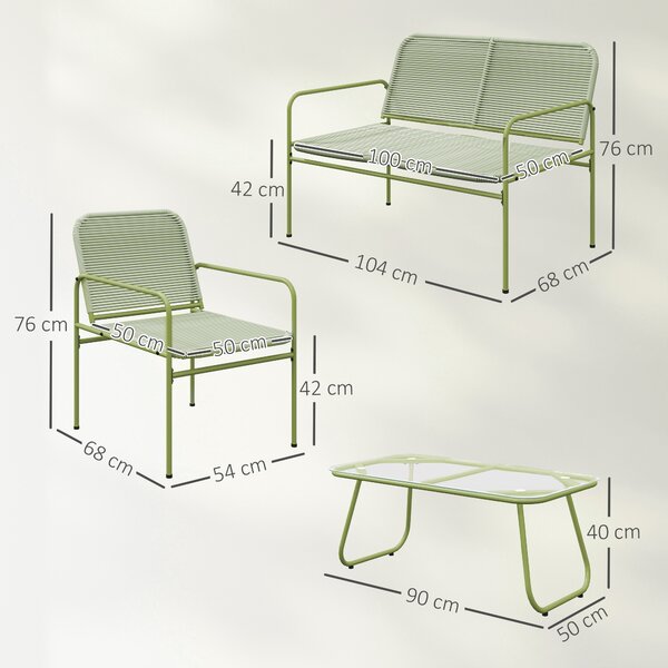 Outsunny Salotto da Esterno in Rattan PE con Divanetto, 2 Poltroncine e Tavolino con Piano in Vetro, Verde | Aosom Italy