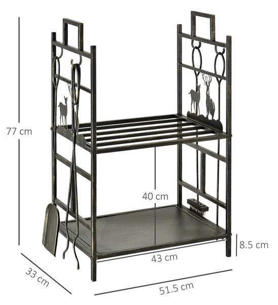 Outsunny Portalegna per Camino in Ferro Battuto, Scaffale con Manici e Base Rialzata, attizzatoio e scopa, paletta e pinza, Nero | Aosom Italy