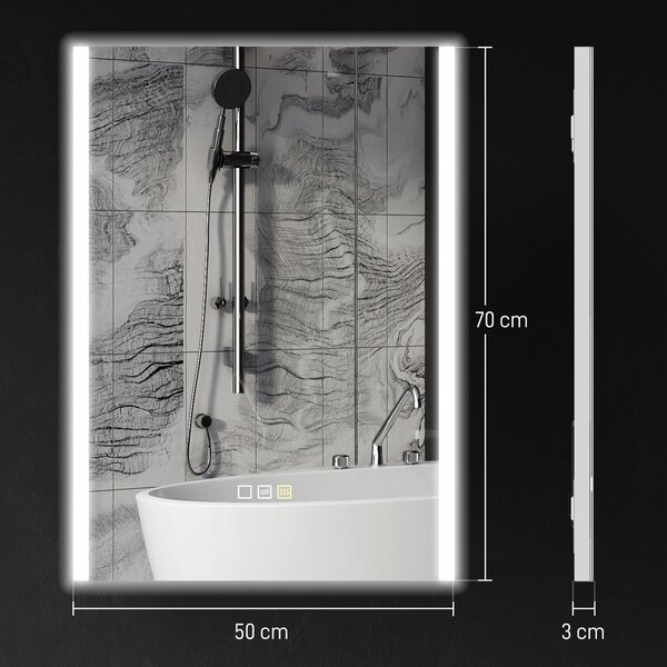 HOMCOM Specchio da Bagno con Luce LED a 3 Colori e Funzione Memory, in Vetro Temperato, 70x50x3 cm, Argento | Aosom Italy