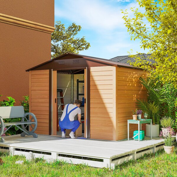 Casetta da Giardino Porta Attrezzi con Doppia Porta Scorrevole 278x195x215 cm con Pannelli in Acciaio Effetto Legno Marrone