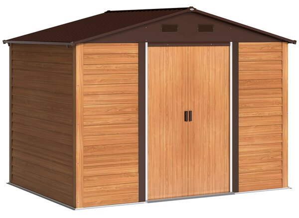 Casetta da Giardino Porta Attrezzi con Doppia Porta Scorrevole 278x195x215 cm con Pannelli in Acciaio Effetto Legno Marrone