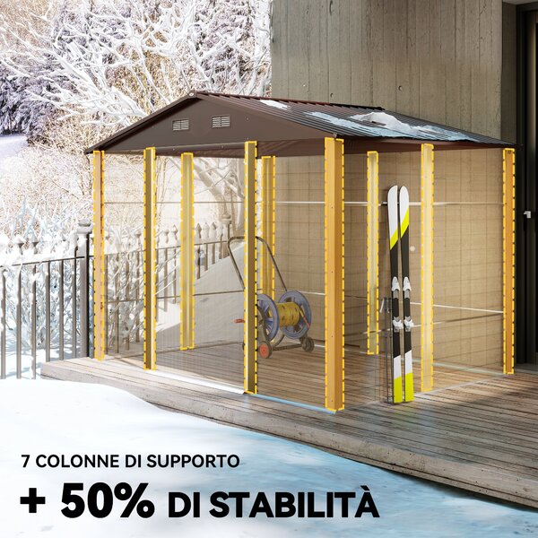 Outsunny Casetta da Giardino in Acciaio Effetto Legno e Doppie Porte Scorrevoli, 278x195x215 cm, Marrone | Aosom Italy