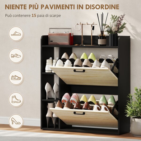 HOMCOM Scarpiera Slim con 2 Cassetti Ribaltabili e 3 Vani Aperti, Capacità 15 Scarpe, 83x24x90.5 cm, Nero | Aosom Italy