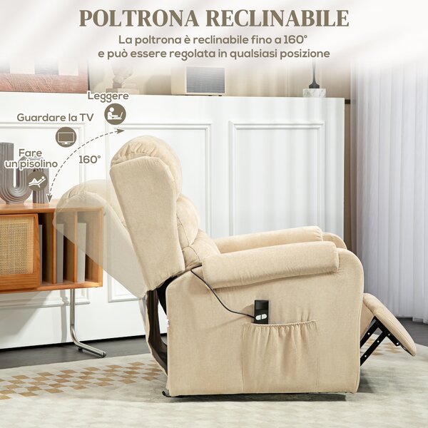 HOMCOM Poltrona Reclinabile e Alzapersona con Poggiapiedi e Telecomando, Sedia in Tessuto Effetto Lino, 85x88x109 cm, Crema | Aosom Italy