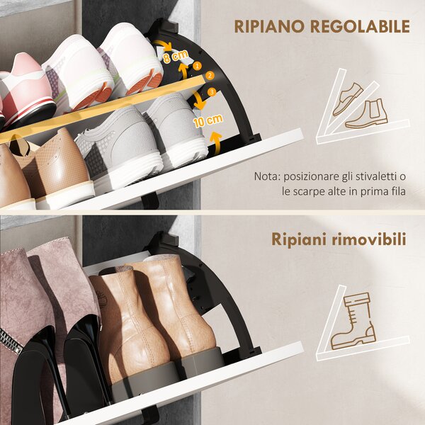 HOMCOM Scarpiera Slim con 2 Cassetti Ribaltabili e 3 Vani Aperti, Capacità 15 Scarpe, 83x24x90.5 cm, Grigio | Aosom Italy