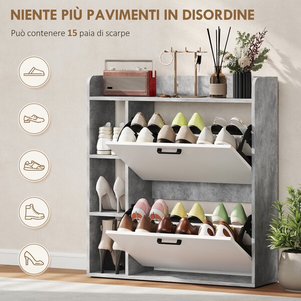 HOMCOM Scarpiera Slim con 2 Cassetti Ribaltabili e 3 Vani Aperti, Capacità 15 Scarpe, 83x24x90.5 cm, Grigio | Aosom Italy