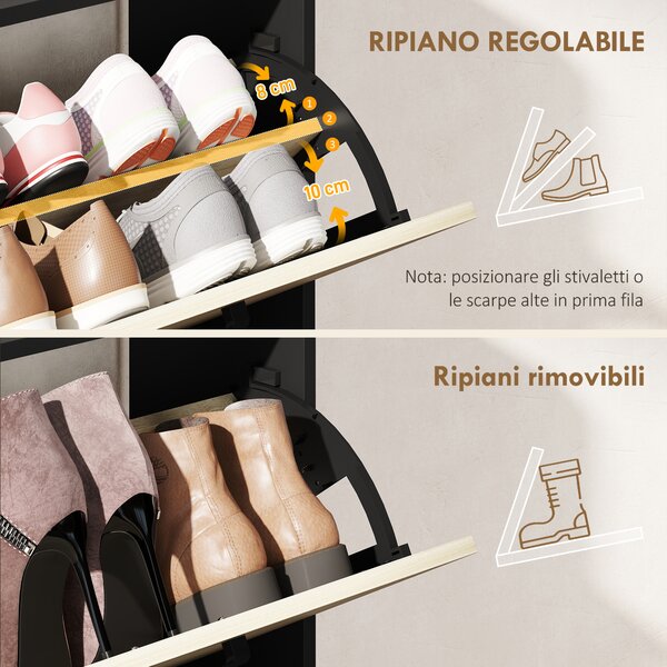HOMCOM Scarpiera Slim con 2 Cassetti Ribaltabili e 3 Vani Aperti, Capacità 15 Scarpe, 83x24x90.5 cm, Nero | Aosom Italy