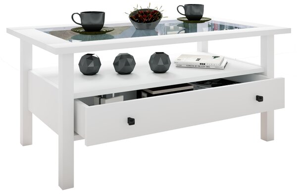 Tavolino in legno con vetro di sicurezza ESG | Tavolino semplice | Dimensioni ca. H. 42 x W. 90 x D. 54 cm | Tavolo soggiorno con cassetto | Divano - Lingis L
