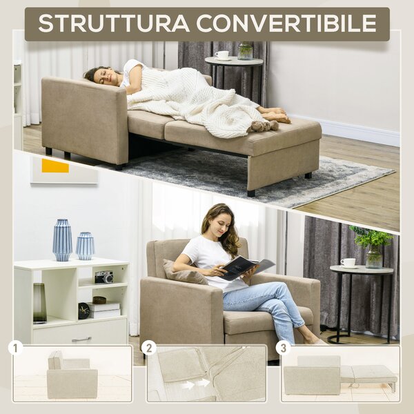 HOMCOM Poltrona Letto in Tessuto Effetto Velluto Marrone Chiaro con 2 Cuscini e Spazio Portaoggetti, 100x98x88 cm