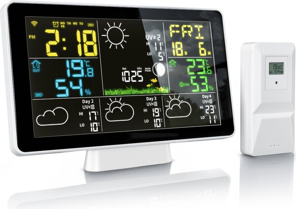 Stazione meteo Brandson, stazione meteo wireless, WIFI / Wlan, con sensore esterno wireless, barometro, umidità, sensore esterno, sveglia, previsioni meteo con app, andamento della temperatura, UV, fasi lunari