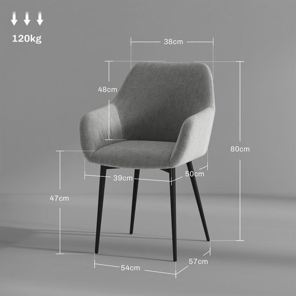 HOMCOM Set 2 Sedie da Pranzo Nordiche Imbottite con Braccioli Ricurvi in Tessuto Effetto Velluto, 54x57x80 cm, Grigio Scuro
