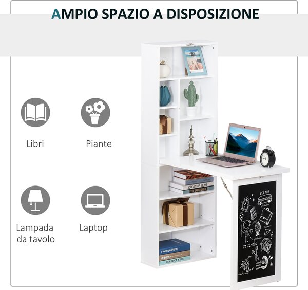HOMCOM Scrivania Pieghevole con Libreria e Lavagna per Camera e Ufficio, Tavolo da Pranzo a Scomparsa Salvaspazio, Bianco, 98x51x153 cm|Aosom