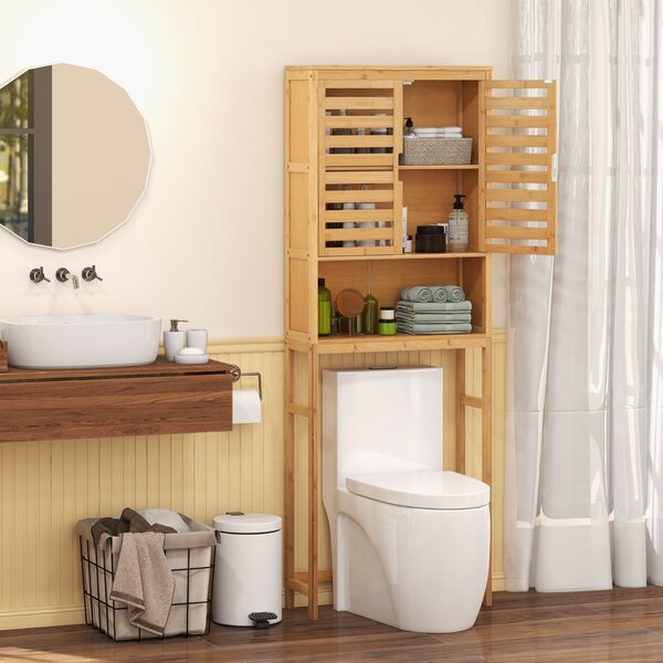 Costway Armadio di stoccaggio in bambù sopra il WC, Alto armadietto per bagno con 2 porte e mensola aperta Naturale