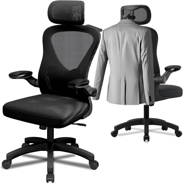 Elzusha - Sedia da ufficio ergonomica con braccioli pieghevoli e poggiatesta - Nera