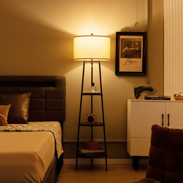 Costway Lampada da terra con 3 ripiani camera da letto e ufficio, Lampada da terra moderna per soggiorno Marrone