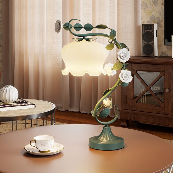Costway Lampada da tavolo vintage con paralume in vetro a mazzolino di mughetto, Lampada da tavolo vintage 6 rose e foglie metallo Verde