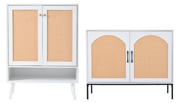 Credenza Moderna Alta in Rattan con Ampio Spazio di Stoccaggio e Funzionalità Pratica, Design Elegante e Rustico, 76L x 35P x 102A cm & 100L x 39P x 80A cm, Bianco+Naturale