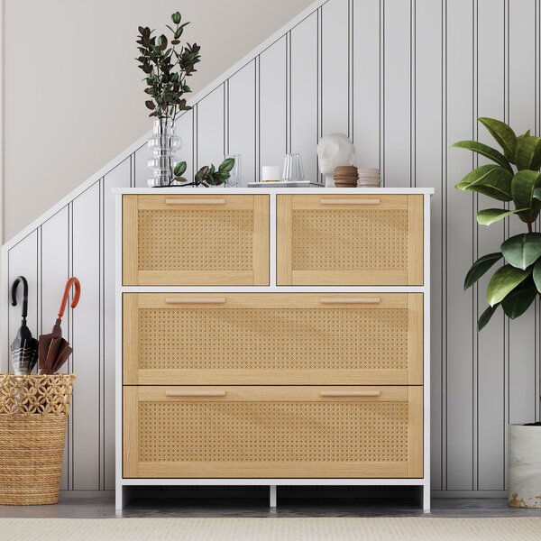 Credenza Boho Moderna in Rattan con 4 Cassetti e Maniglie in Legno Massello, 80x38x80 cm, Naturale+Bianco|Aosom